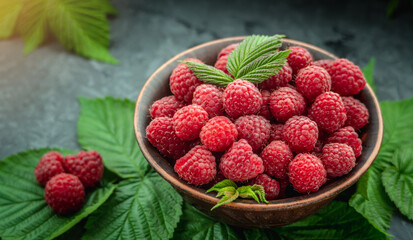 Bowl with fresh ripe delicious raspberries and a green leaves on a black background