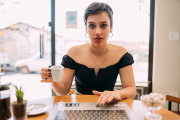 POV view of smiling millennial woman have pleasant Webcam conference in cafe, happy young female...