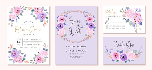 Fototapeta na wymiar wedding invitation set with soft purple pink floral watercolor