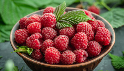 Bowl with fresh ripe delicious raspberries and a green leaves on a black background