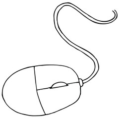 computer mouse with wire, vector illustration in doodle style with black outline, coloring book