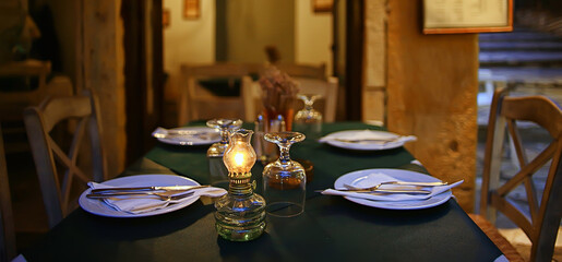 table setting in restaurant dinner abstract view interior hotel