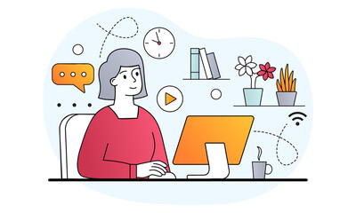 Home office concept. Woman sitting in room at her workplace and working at computer. Freelance or Remote work due to pandemic. Cartoon doodle flat vector illustration isolated on a white background