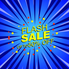 Special offer flash sale banner with on blue comic background, up to 50% off. Vector illustration.