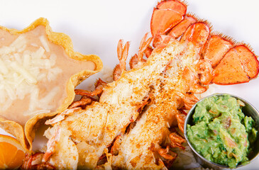 vegetables on a plate, seafood, avocadoes, rice, steak, soup