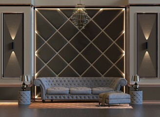 Naklejka premium 3d rendering of design interior living room with lamp and padded wall wall panel