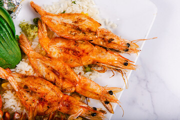 vegetables on a plate, seafood, avocadoes, rice, steak, soup