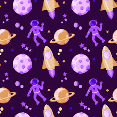Seamless pattern on a dark background. Cute cartoon space set of astronaut, rockets and planets. Space. The vector is made in a flat style. Suitable for children's textiles and packaging.