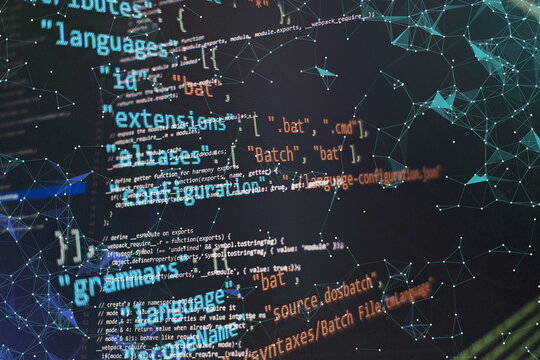 HTML5 in editor for website development. Website HTML Code on the Laptop Display Closeup Photo. Modern tech. Innovative startup project.