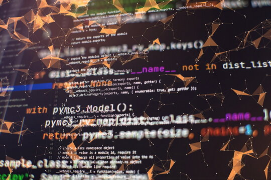 HTML5 in editor for website development. Website HTML Code on the Laptop Display Closeup Photo. Modern tech. Innovative startup project.