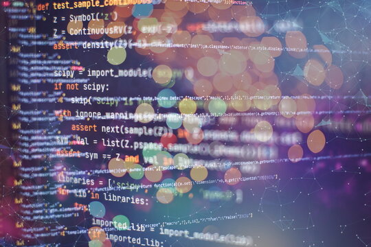 HTML5 in editor for website development. Website HTML Code on the Laptop Display Closeup Photo. Modern tech. Innovative startup project.