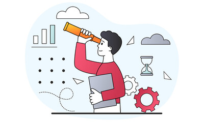 Business development strategy concept. Leader looks at his company in future and develops ways of promotion. Man with telescope. Cartoon doodle flat vector illustration isolated on a white background