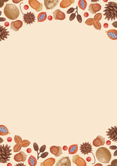 手描き色鉛筆　ナチュラルかわいい　秋の木の実の背景とフレームテンプレート　ベージュ