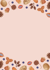 手描き色鉛筆　ナチュラルかわいい　秋の木の実の背景とフレームテンプレート　ピンク