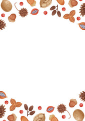 手描き色鉛筆　ナチュラルかわいい　秋の木の実　の背景とフレームテンプレート　赤い実・白背景