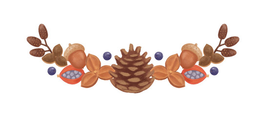 手描き色鉛筆　ナチュラルかわいい　秋の木の実と青い実のライン・フッター