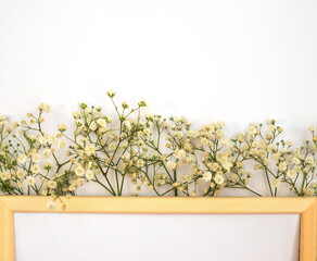 A romantic composition of flowers. White gypsophila flowers, photo frame on a white background.