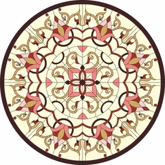 Vector circle from a lace pattern. Round vegetative brown pattern, pattern for stained glass. Glass for ceilings, walls, niches or windows. Ornament from branches

