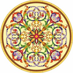 Vector circle from lace flower pattern. Round vegetative brown pattern, pattern for stained glass. Glass for ceilings, walls, niches or windows. Ornament from branches
