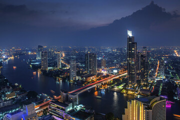 Aerial view of city scape in bangkok Thailand at night