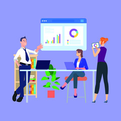 Vector illustration concept of a man giving a bright sales pitch on business presentation.