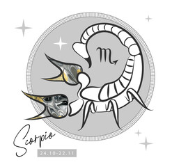 Modern magic witchcraft card with astrology Scorpio zodiac sign. Scorpion logo design