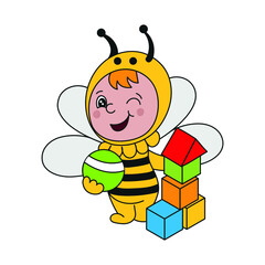 A bee with cubes and a ball in her hands