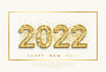 Happy New Year banner with 2022 Golden Numbers on bright Background with scattered golden beads. Vector illustration