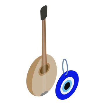 Turkey attribute icon isometric vector. Turkish saz and talisman blue eye. Turkish national instrument, amulet nazar against the evil eye
