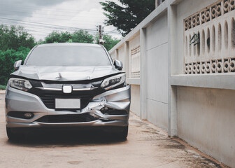 Gray car. Accident in the back of a car on the road. damage the front of the car insurance concept.