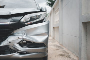Gray car. Accident in the back of a car on the road. damage the front of the car