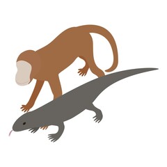 Exotic animal icon isometric vector. Brown little monkey and gray monitor lizard icon. Wildlife, zoo animal