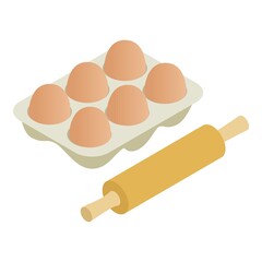 Baking icon isometric vector. Wooden rolling pin and chicken egg packing. Dough preparation, cooking concept