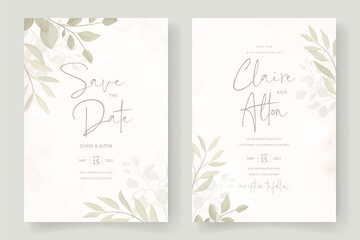 Fototapeta na wymiar Beautiful soft floral and leaves wedding invitation card design