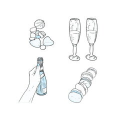 Illustration of drinks and desserts on a white background. Champagne, macaroon, cookies, chocolate as a logo, icon, elements for designers