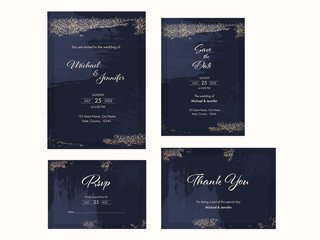 Wedding Invitation Suite With Brush Effect In Blue And Golden Color.