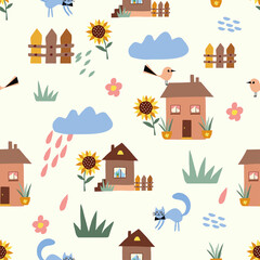 Seamless pattern of houses, sunflower, cat, bird, clouds, grass on a light yellow background. For wallpaper, print, fabric, textiles, website. Vector eps10