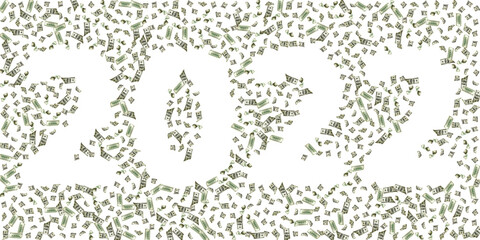 Money stack 2022. Hundred dollars of America. Falling money isolated, us bill white background.