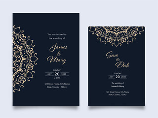 Wedding Invitation Cards Template Layout With Mandala Pattern On Grey Background.