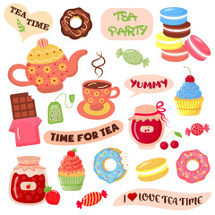 Tea time elements collection. Hand drawn tea vector icons such as teapot, cup, cupcakes, sweets, jam, donuts, macaroons, chocolate, and lettering.