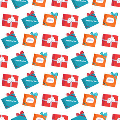 Seamless pattern with boxes of gifts and the inscription Happy New Year. Festive print for Christmas and winter holidays, textiles, wrapping paper and designer decorations