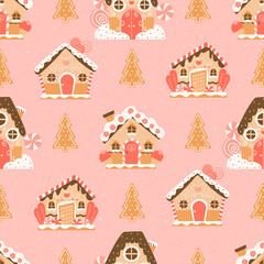 Christmas gingerbread houses and trees in cartoon style on pink background seamless pattern with snowflakes, colourful new year ornament for wrapping paper or fabric design