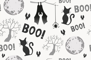 Seamless pattern happy halloween party. Endless background with tree, moon, spider, cat, bat, boo. Hand drawing vector clip art graphic elements for creative design, printable decor.