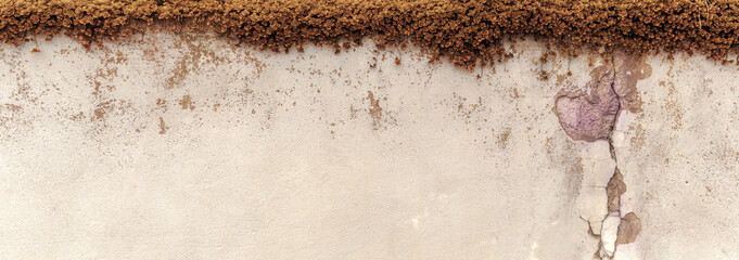 Naturalne tło postarzanego muru z teksturą pęknięć z brązową  rośliną . jesień, tapeta.