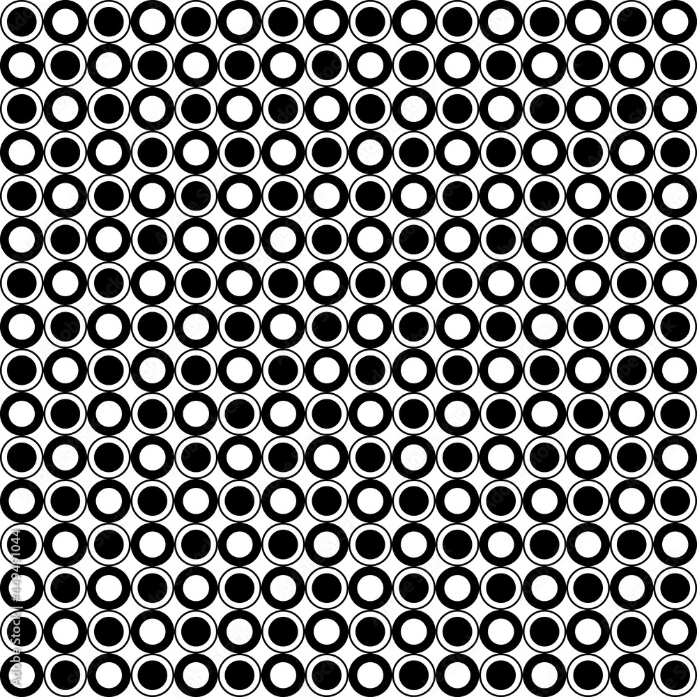 Poster Back to back circles in checker position. Vector black and white repeated dots. Seamless chess balls or circles.