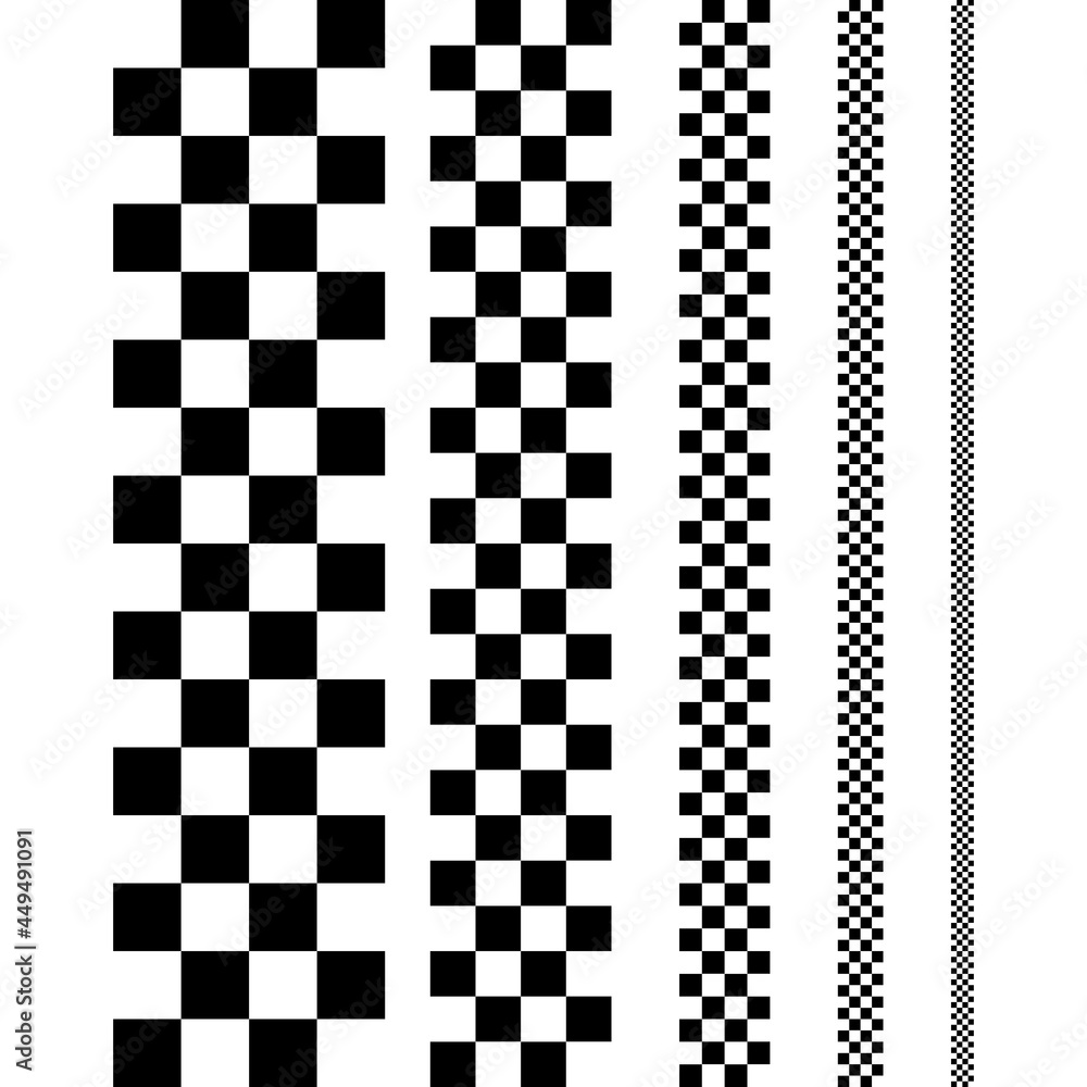 Fototapete Checker stripes samples. Vector vertical chess tile lines. Seamless checker squares inline and different sizes. Isolated checker decor stripes.