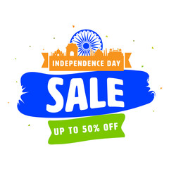 UP TO 50% Off For Independence Day Sale Poster Design With Silhouette Famous Monument Of India.