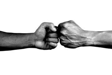 Hand giving fist bump.Teamwork in business for trust with partner.Black and white image on white background with clipping path.