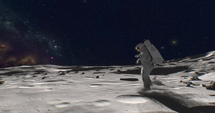 Landing on The Moon. An astronaut in space suit walking on Moon surface, watching planet Earth and stars of MIlky Way galaxy on background, Lunar module after landing based behind