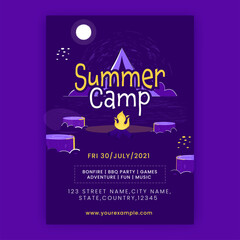 Summer Camp Invitation, Poster Design With Venue Details In Purple Color.